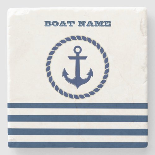 Nautical Boat NameAnchor Navy Blue Striped Stone Coaster