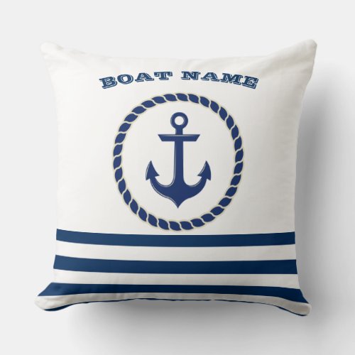 Nautical Boat NameAnchor Navy Blue Striped Throw Pillow