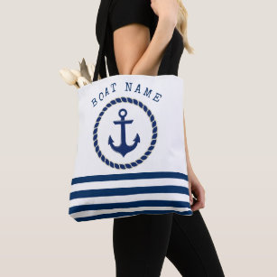 Nautical Boat Name,Anchor Navy Blue Striped Tote Bag