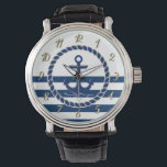 Nautical Boat Name,Anchor Navy Blue Striped Watch<br><div class="desc">Anchor on navy blue background. Personalize the name for yourself or as a cute gift idea.</div>
