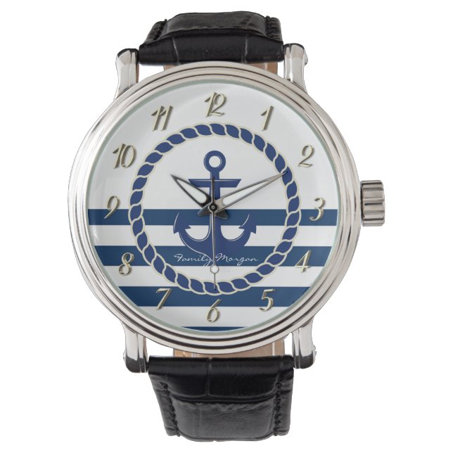 Nautical Boat Name,Anchor Navy Blue Striped Watch (Front)