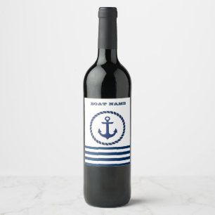 Nautical Boat Name,Anchor Navy Blue Striped Wine Label