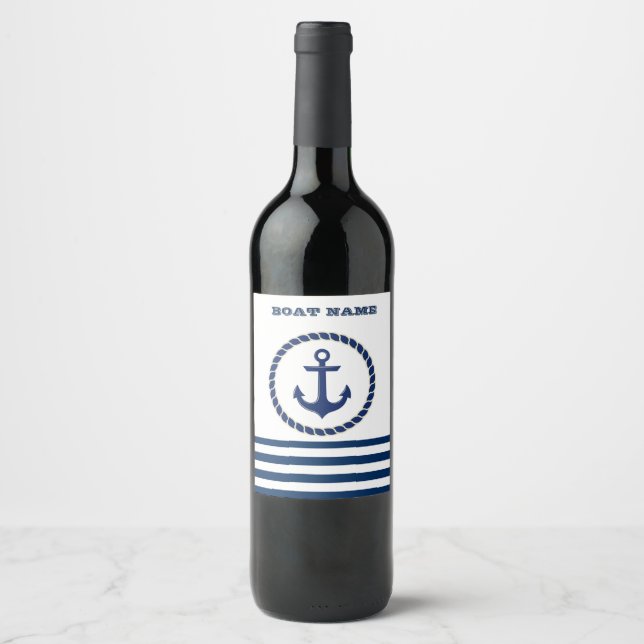 Nautical Boat Name,Anchor Navy Blue Striped Wine Label (Front)