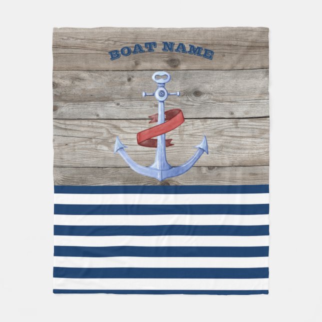 Nautical Boat Name,Anchor Navy Blue Striped Wood Fleece Blanket (Front)