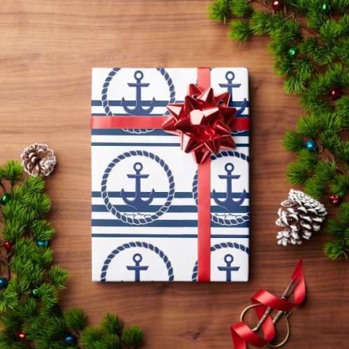 Nautical Boat NameAnchor Navy Blue Striped  Wrapping Paper