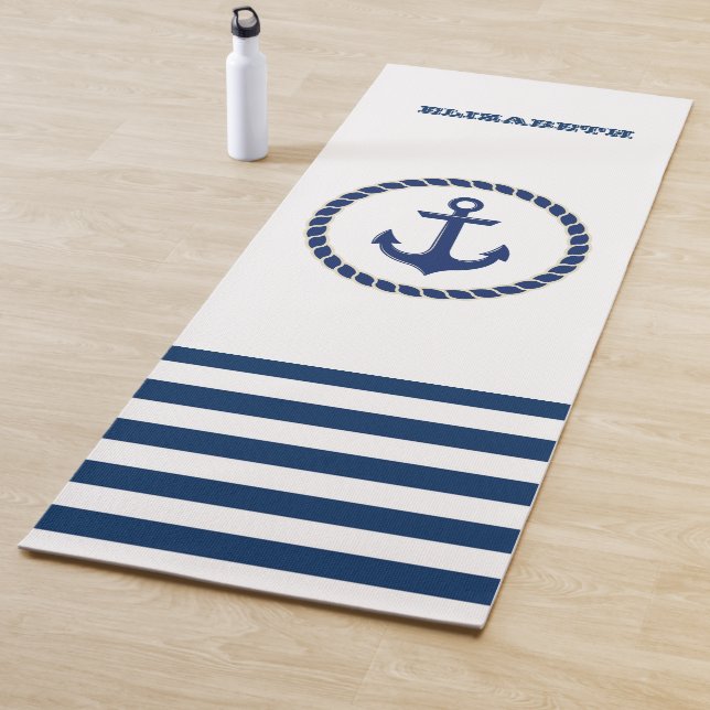 Nautical Boat Name,Anchor Navy Blue Striped Yoga Mat (In Situ)