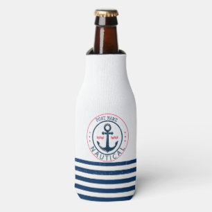 Nautical, Boat Name,Anchor Navy Blue Stripes Bottle Cooler