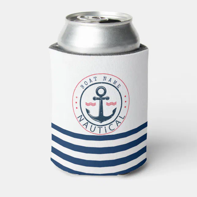 Nautical Boat Name Anchor Navy Blue Stripes Can Cooler Zazzle