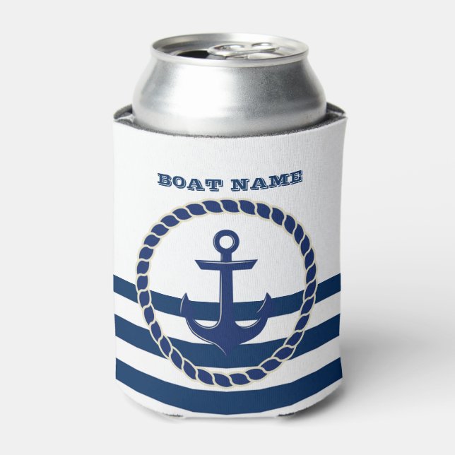 Nautical Boat Name, Anchor Navy Blue Stripes Can Cooler (Can Front)