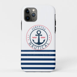 Nautical, Boat Name,Anchor Navy Blue Stripes iPhone 11 Pro Case