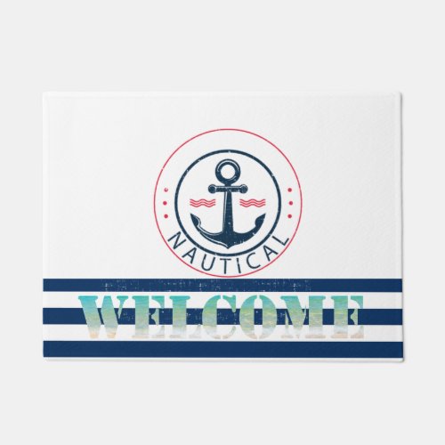 Nautical Boat NameAnchor Navy Blue Stripes Doormat
