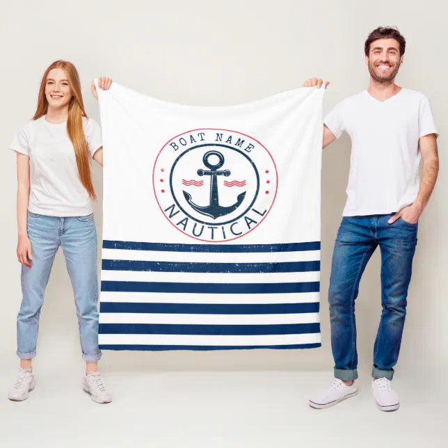 Nautical Boat Name Anchor Navy Blue Stripes Fleece Blanket Zazzle