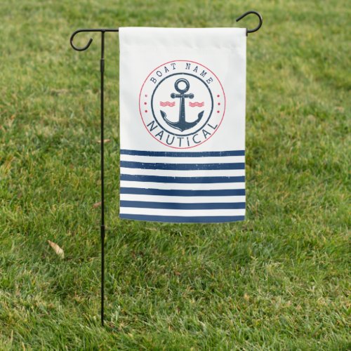 Nautical Boat NameAnchor Navy Blue Stripes Garden Flag