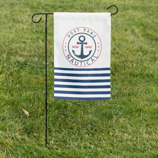 Nautical, Boat Name,Anchor Navy Blue Stripes Garden Flag (In SItu)