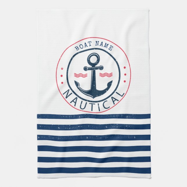 Nautical, Boat Name,Anchor Navy Blue Stripes Kitchen Towel (Vertical)