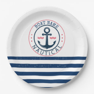 Nautical, Boat Name,Anchor Navy Blue Stripes Paper Plates