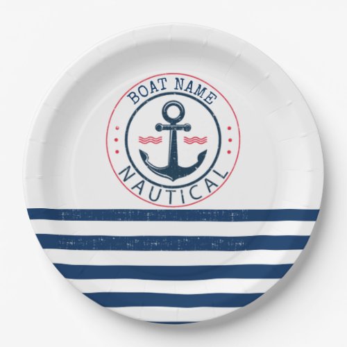 Nautical Boat NameAnchor Navy Blue Stripes Paper Plates