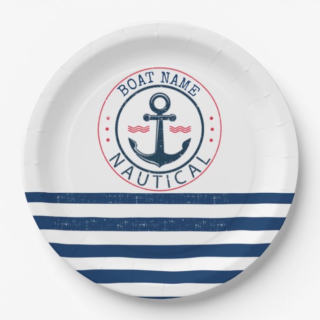Nautical, Boat Name,Anchor Navy Blue Stripes Paper Plates (Front)