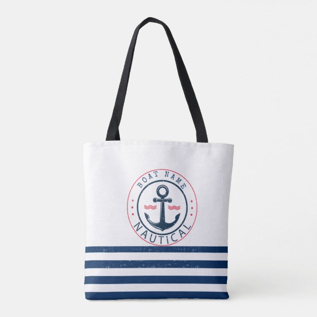 Nautical, Boat Name,Anchor Navy Blue Stripes Tote Bag (Back)