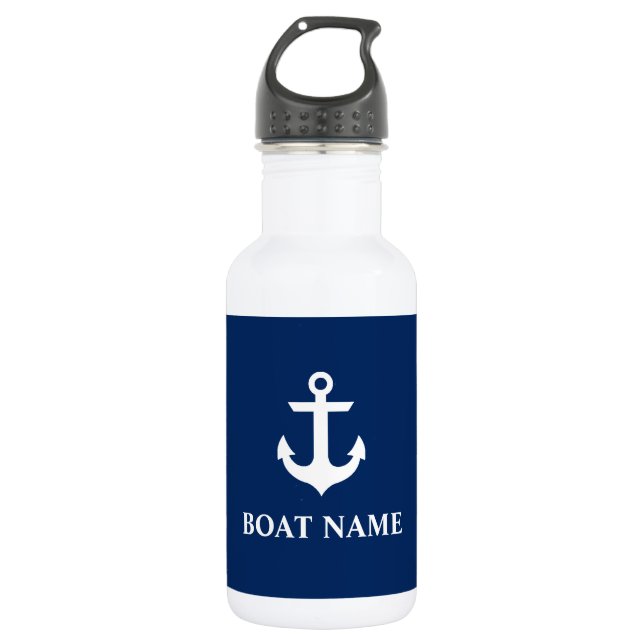 Nautical Boat Name Anchor Navy Blue Water Bottle (Front)