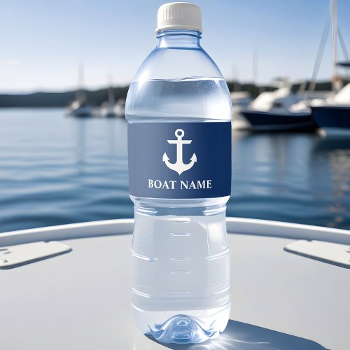 Nautical Boat Name Anchor Navy Blue Water Bottle Label