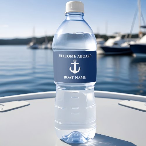 Nautical Boat Name Anchor Navy Blue Welcome Aboard Water Bottle Label