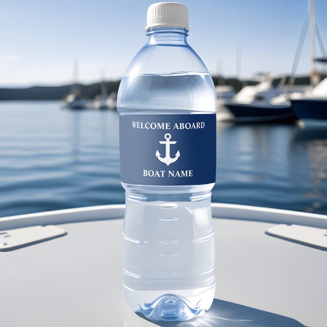 Nautical Boat Name Anchor Navy Blue Welcome Aboard Water Bottle Label (Customize to change text size, text style or background color.)
