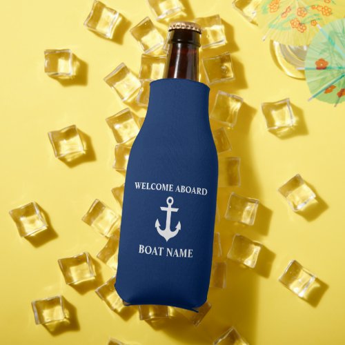 Nautical Boat Name Anchor Navy Blue Welcome Bottle Cooler