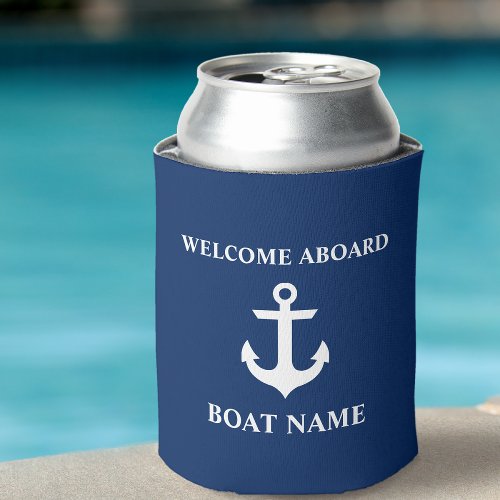 Nautical Boat Name Anchor Navy Blue Welcome Can Cooler