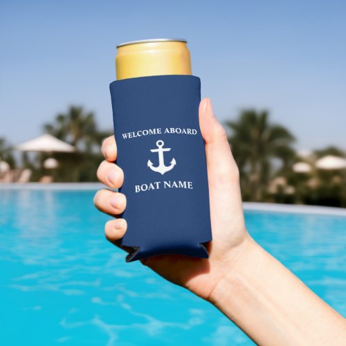 Nautical Boat Name Anchor Navy Blue Welcome Seltzer Can Cooler
