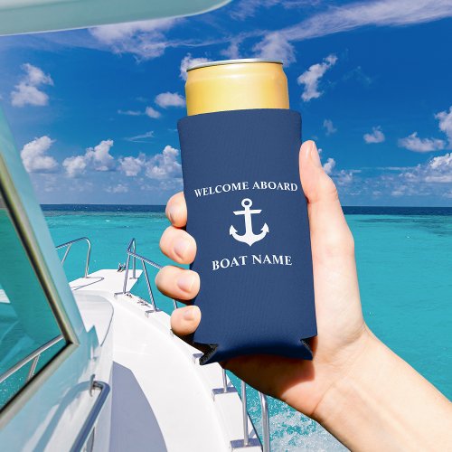 Nautical Boat Name Anchor Navy Blue Welcome Seltzer Can Cooler