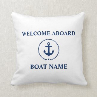 Nautical Boat Name Anchor Navy Blue Welcome White Throw Pillow