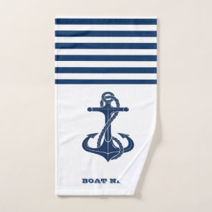 Nautical Boat Name,Anchor  Navy Blue White Striped Bath Towel Set