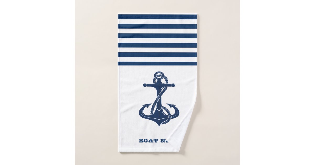 Nautical Boat Name,Anchor Navy Blue White Striped Bath Towel Set | Zazzle