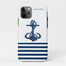 Nautical Boat Name,Anchor Navy Blue White Striped iPhone 11 Pro Case