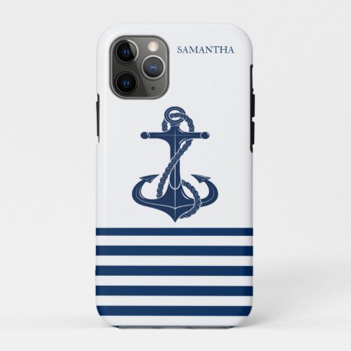 Nautical Boat NameAnchor Navy Blue White Striped iPhone 11 Pro Case