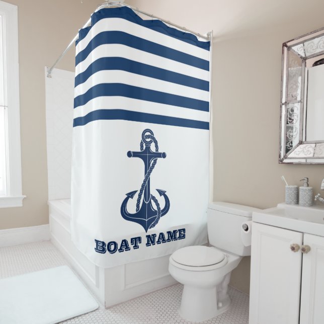 Nautical Boat Name,Anchor  Navy Blue White Striped Shower Curtain (In Situ)