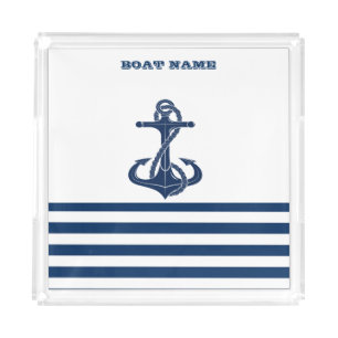 Nautical Boat Name,Anchor  Navy Blue White Stripes Acrylic Tray