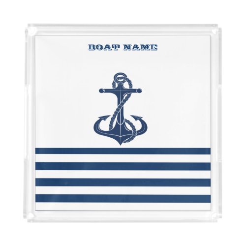 Nautical Boat NameAnchor  Navy Blue White Stripes Acrylic Tray