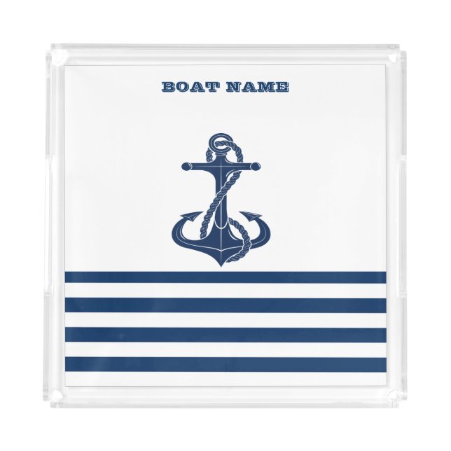 Nautical Boat Name,Anchor  Navy Blue White Stripes Acrylic Tray (Front)