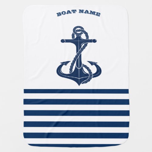 Nautical Boat NameAnchor  Navy Blue White Stripes Baby Blanket