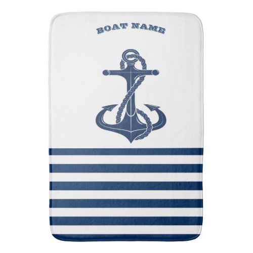 Nautical Boat NameAnchor  Navy Blue White Stripes Bath Mat