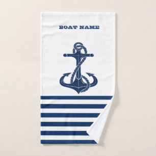 Nautical Boat Name,Anchor  Navy Blue White Stripes Bath Towel Set