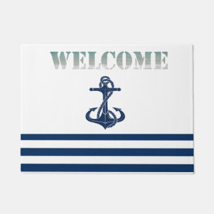 Nautical Boat Name,Anchor  Navy Blue White Stripes Doormat