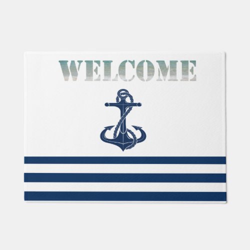 Nautical Boat NameAnchor  Navy Blue White Stripes Doormat