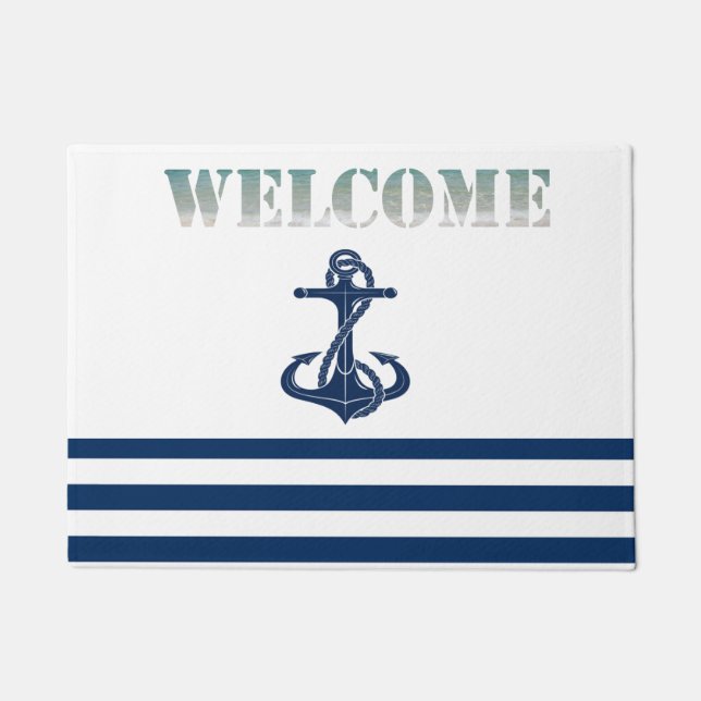 Nautical Boat Name,Anchor  Navy Blue White Stripes Doormat (Front)