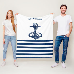Nautical Boat Name,Anchor Navy Blue White Stripes Fleece Blanket