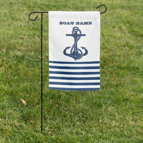 Nautical Boat NameAnchor Navy Blue White Stripes Garden Flag