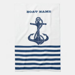Nautical Boat Name,Anchor Navy Blue White Stripes Kitchen Towel