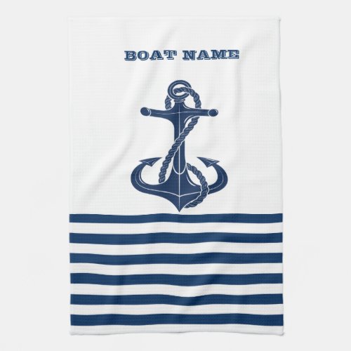 Nautical Boat NameAnchor  Navy Blue White Stripes Kitchen Towel